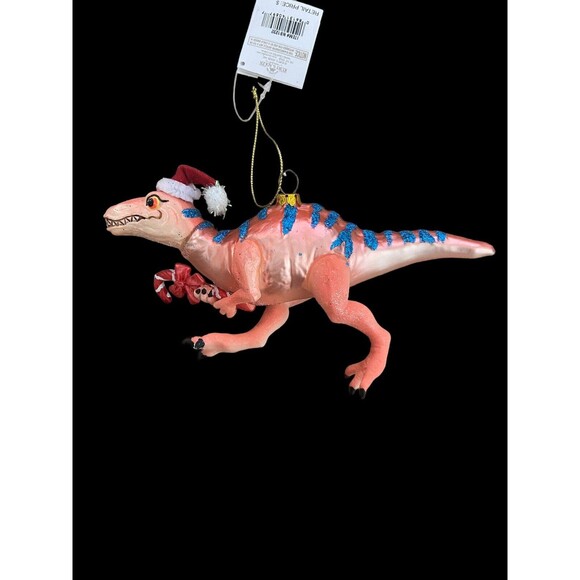 Noble Gems Santa Velociraptor Dinosaur  w Candy Cane Christmas Ornament 6 In - Picture 2 of 5
